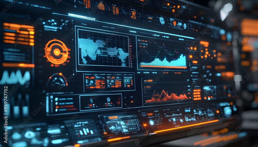 Futuristic Digital Interface with Graphs and Data Displayed on a Black Screen Futuristic Digital Interface with Graphs and Data Displayed on a Black Screen