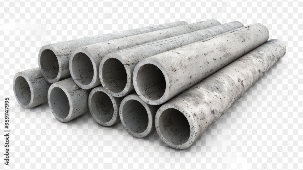 Fototapeta premium Stack of concrete pipes for building construction and pipeline isolate on transparency background PNG