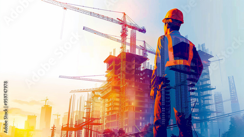 illustration digital building construction engineering with double exposure graphic design. Building engineers, architect people or construction workers working with modern civil equipment technology