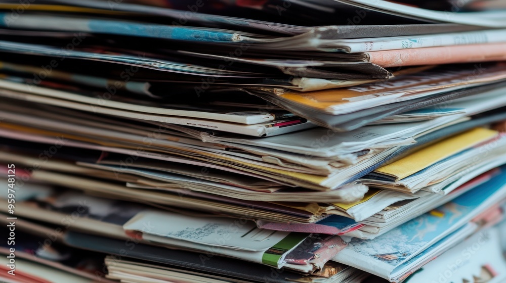 Close-Up of a Large Stack of Colorful Magazines and Newspapers in a Pile Close-Up of a Large Stack of Colorful Magazines and Newspapers in a Pile
