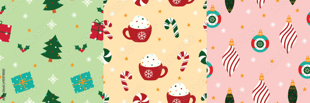 Merry christmas seamless pattern vector. Set of square cover design with pine tree, gift, candy cane, bauble. Winter season illustration for fabric, print, wallpaper, packaging, wrapping paper, ads. Merry christmas seamless pattern vector. Set of square cover design with pine tree, gift, candy cane, bauble. Winter season illustration for fabric, print, wallpaper, packaging, wrapping paper, ads.