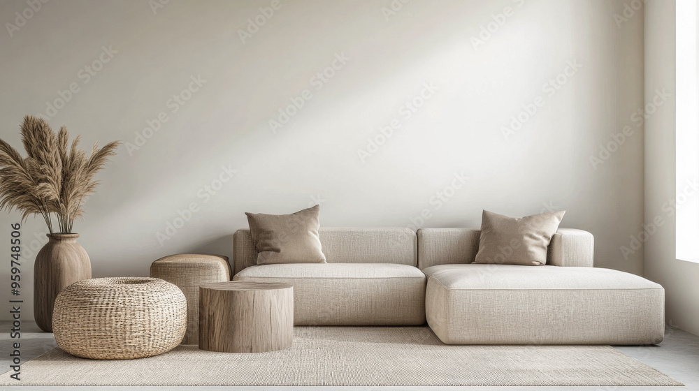 Naklejka premium Scandinavian room interior design composition with a sofa, rug and a couch in soft tones
