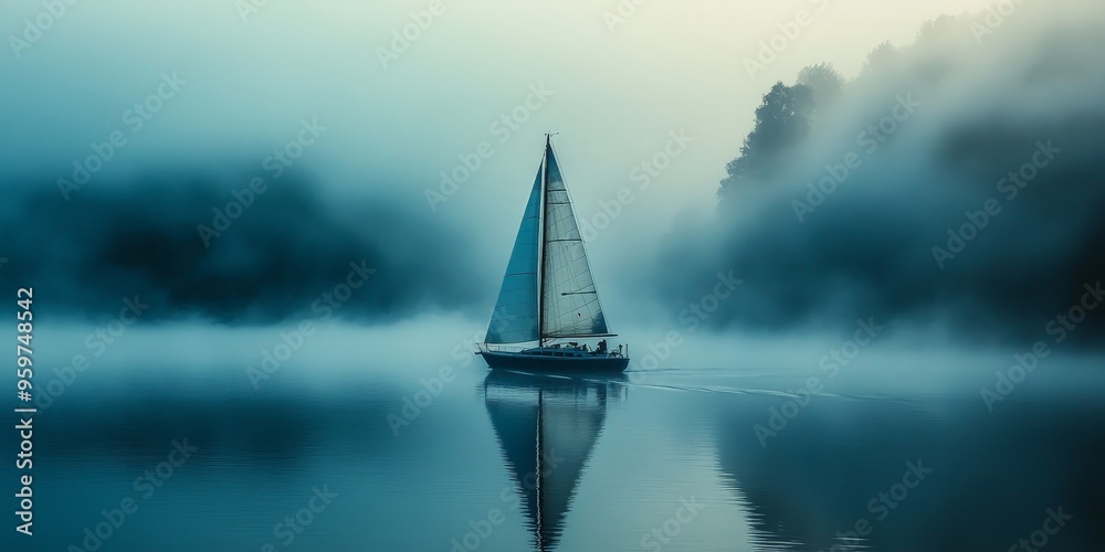 Fototapeta premium Serene Sailboat Reflected on a Misty Morning Lake