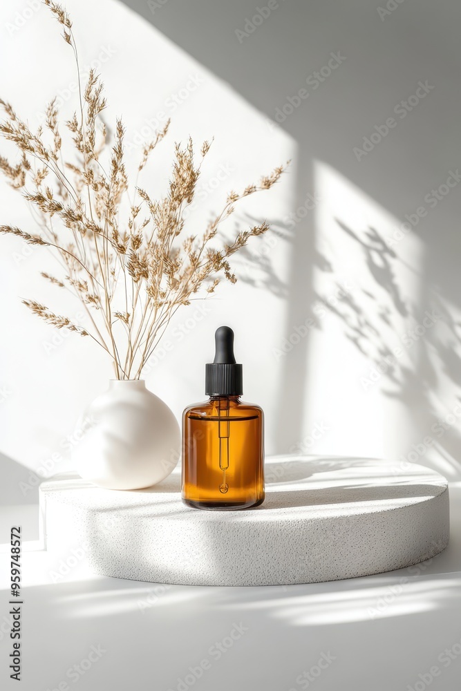 Minimalist Skincare Product Display with Amber Dropper Bottle and Dried Flowers in Soft Natural Light Minimalist Skincare Product Display with Amber Dropper Bottle and Dried Flowers in Soft Natural Light