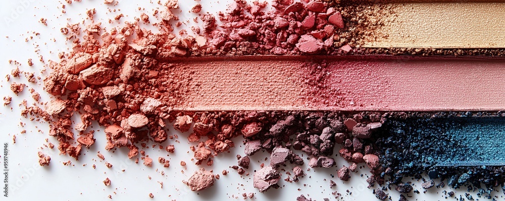 Fototapeta premium Colorful makeup powder scattered on a white background, showcasing a palette of hues for beauty enthusiasts and artists.