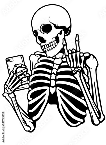 Selfie Skull | RocknRoll Skull | Selfie Cellphone | Dead Selfie | Horror | Skull Mirror | Selfie Skeleton | Halloween | Original Illustration | Vector and Clipart | Cutfile and Stencil