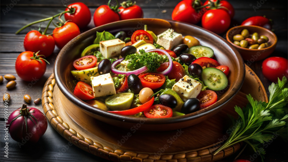 Fresh vegetable salad with cheese and olives on rustic wooden background
Fresh vegetable salad with cheese and olives on rustic wooden background
