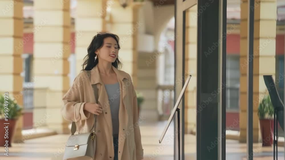 Asian happy woman young smiling girl in trendy stylish clothes using credit card with bright colorful shopping bags is using her smart phone while walking in the mall Asian happy woman young smiling girl in trendy stylish clothes using credit card with bright colorful shopping bags is using her smart phone while walking in the mall