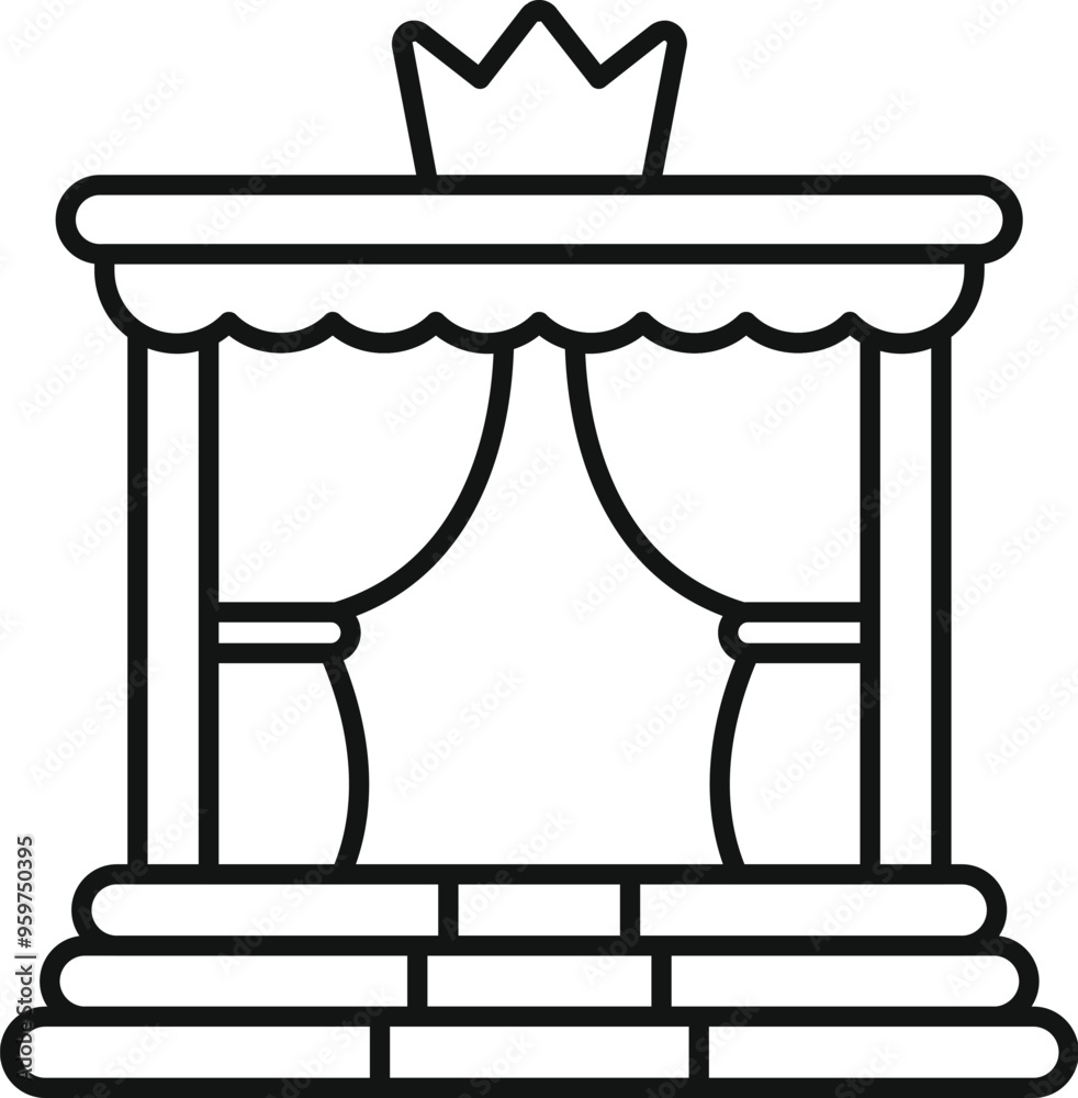 Line icon of a wedding canopy standing on a podium, decorated with curtains and a crown Line icon of a wedding canopy standing on a podium, decorated with curtains and a crown