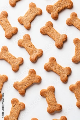 Golden-brown dog biscuits in bone shapes, scattered across a plain white surface, highlighting homemade and nutritious pet treats