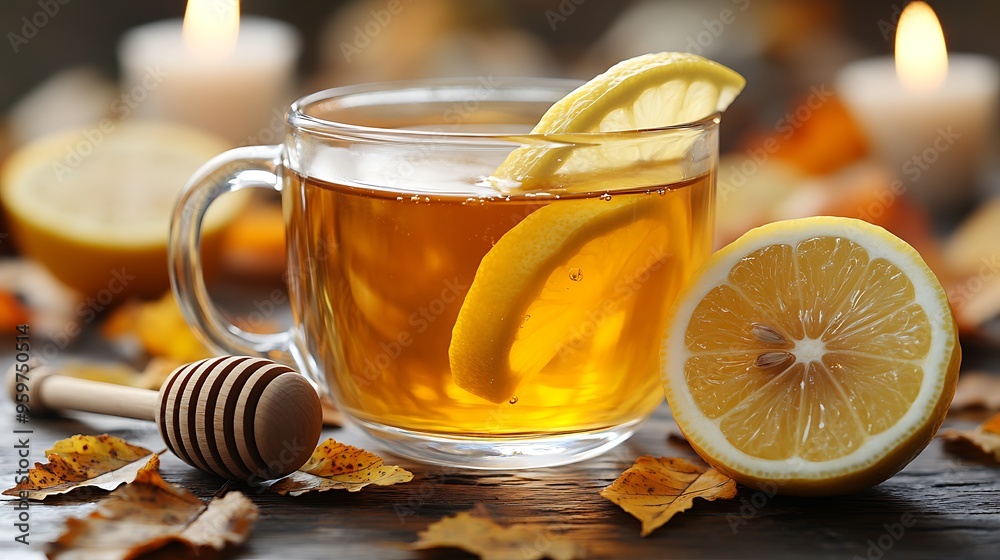 A beautifully presented cup of honey lemon tea in a clear glass mug, garnished with fresh lemon slices, with a honey dipper resting beside it, set on a rustic table with autumn leaves and candles, A beautifully presented cup of honey lemon tea in a clear glass mug, garnished with fresh lemon slices, with a honey dipper resting beside it, set on a rustic table with autumn leaves and candles,