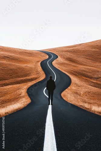 Person standing at the start of a long road, ready to embark on a new journey photo