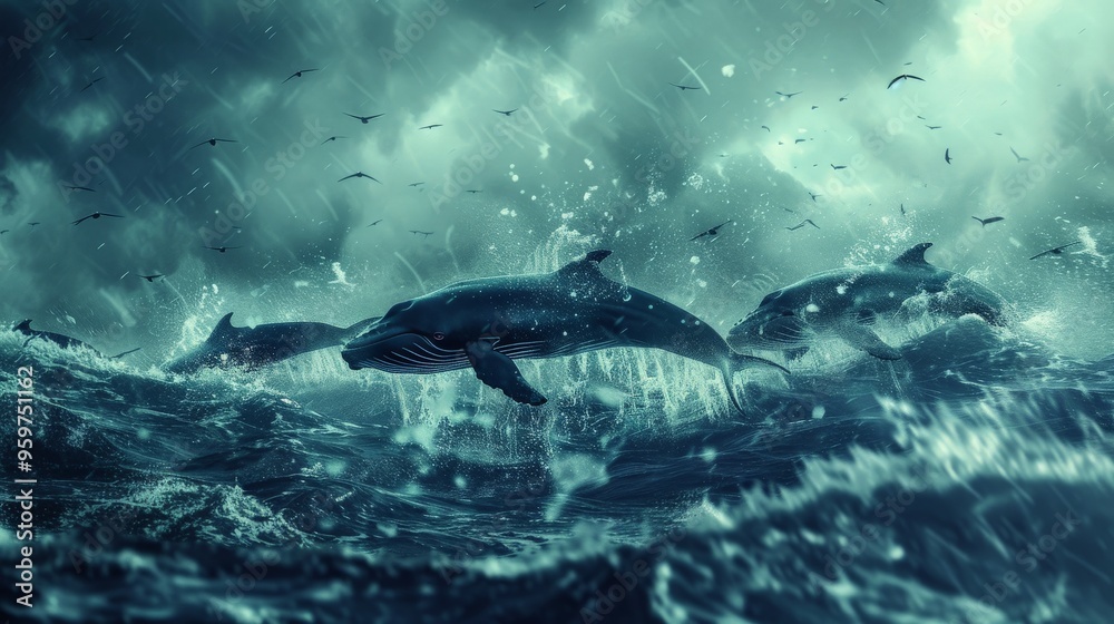 Scene of a pod of whales during a storm flat design side view storm travelers theme 3D render Analogous Color Scheme Scene of a pod of whales during a storm flat design side view storm travelers theme 3D render Analogous Color Scheme