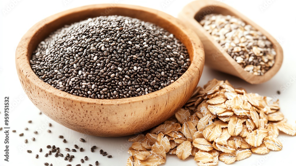 a bowl of oats with chia seeds, superfood combination, vibrant and nutritious, isolated on white background a bowl of oats with chia seeds, superfood combination, vibrant and nutritious, isolated on white background