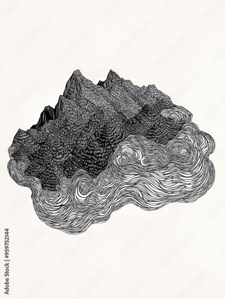 Abstract line art drawing of a mountain range with a cloudy sky. Abstract line art drawing of a mountain range with a cloudy sky.