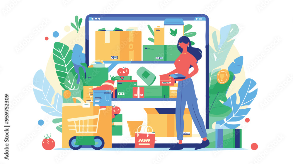 A woman chooses goods, pays online, and receives an order from a courier. Easy online shopping Vector flat illustrations A woman chooses goods, pays online, and receives an order from a courier. Easy online shopping Vector flat illustrations