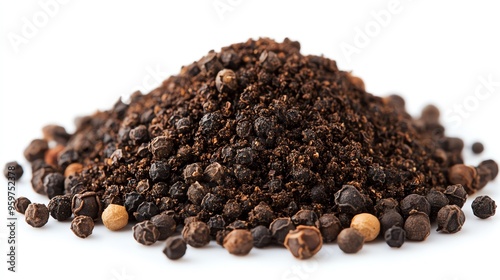 a closeup of crushed black pepper, coarse texture, rich and aromatic, isolated on white background