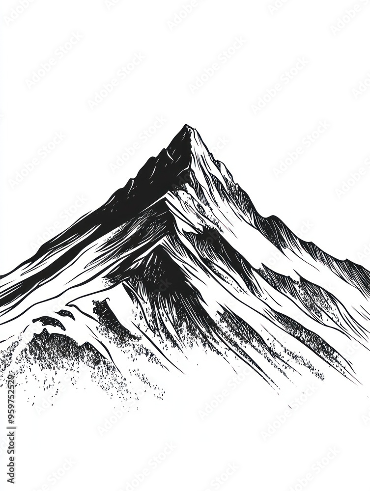 A hand-drawn illustration of a mountain peak with snow-capped summit and textured details. A hand-drawn illustration of a mountain peak with snow-capped summit and textured details.