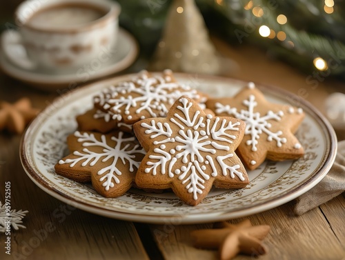 Decorated gingerbread cookies on a festive plate