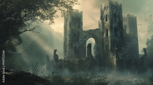 An ancient castle stands in ruins amidst a misty forest. The tall, crumbling towers and archways create a mysterious and eerie atmosphere, enhanced by the soft light filtering through the fog.