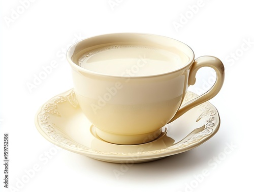 a cup of milk with a saucer, classic breakfast setting, clean and simple, isolated on white background
