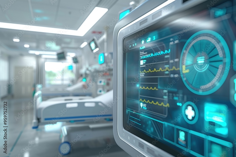 A modern hospital room with advanced medical equipment and monitoring screens, showcasing high-tech healthcare technology. A modern hospital room with advanced medical equipment and monitoring screens, showcasing high-tech healthcare technology.