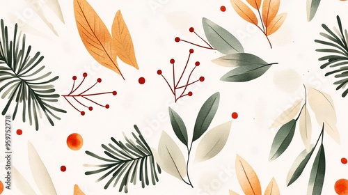 Watercolor Botanical Pattern: A delicate and charming seamless pattern featuring a whimsical arrangement of watercolor leaves, berries, and branches in soft earthy tones of green, beige photo