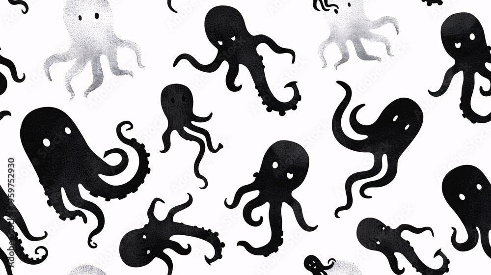 Inky Octopus Dance: A whimsical watercolor pattern of playful octopuses in monochrome hues, perfect for adding a touch of aquatic charm to your designs. Inky Octopus Dance: A whimsical watercolor pattern of playful octopuses in monochrome hues, perfect for adding a touch of aquatic charm to your designs.