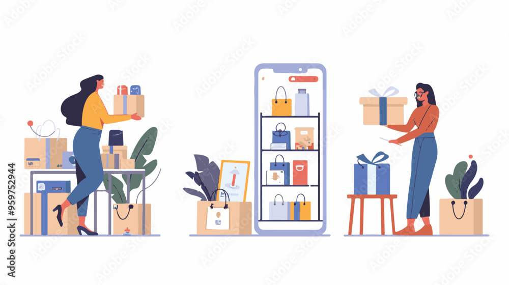 A woman chooses goods, pays online, and receives an order from a courier. Easy online shopping Vector flat illustrations