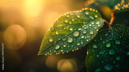 Tiny dewdrops sparkle on a fresh green leaf in the morning sun. Raindrops on the same leaf create a beautiful pattern. Nature is peaceful and full of beauty. The colors are calming and soft.