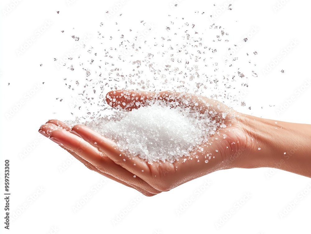 Fototapeta premium a handful of salt being thrown, dynamic movement, flying crystals, isolated on white background