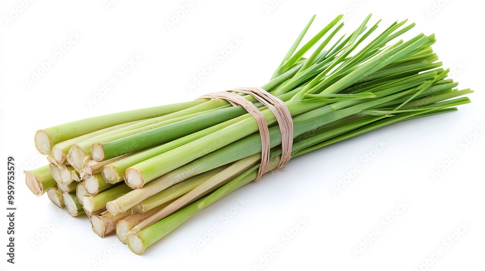 Fototapeta premium a lemongrass stalk with the ends frayed, rustic and natural, bright green, isolated on white background