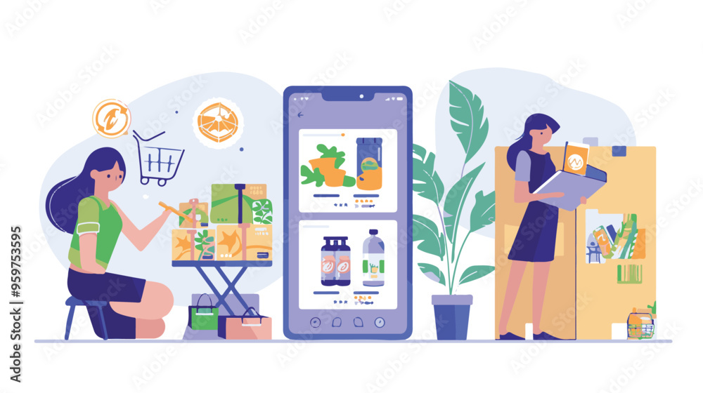 A woman chooses goods, pays online, and receives an order from a courier. Easy online shopping Vector flat illustrations A woman chooses goods, pays online, and receives an order from a courier. Easy online shopping Vector flat illustrations