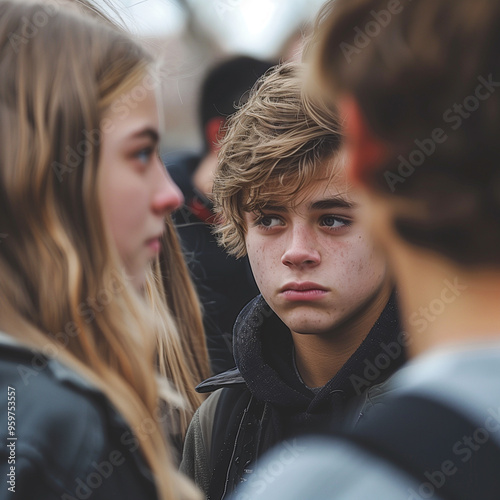a teenage student boy in the crowd with a blank stare