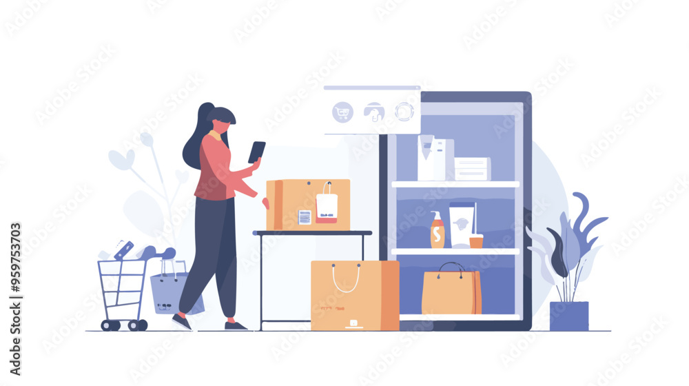 A woman chooses goods, pays online, and receives an order from a courier. Easy online shopping Vector flat illustrations A woman chooses goods, pays online, and receives an order from a courier. Easy online shopping Vector flat illustrations