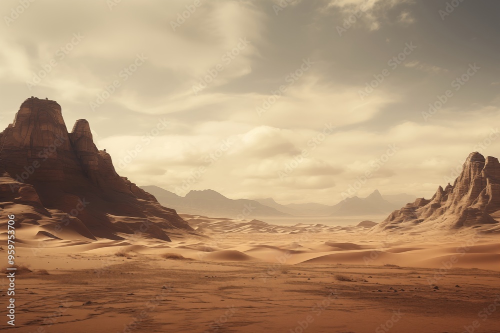 Sweeping desert landscape with towering dunes and rock formations under a hazy sky, invoking a serene, otherworldly ambiance. Sweeping desert landscape with towering dunes and rock formations under a hazy sky, invoking a serene, otherworldly ambiance.