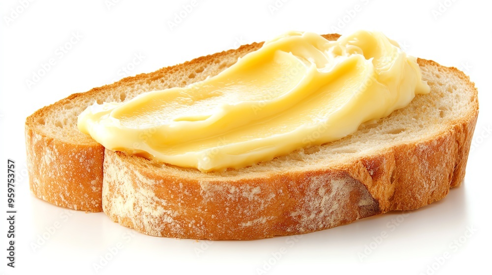 Obraz premium a margarine spread on a slice of bread, soft and smooth, golden tones, isolated on white background
