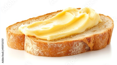 a margarine spread on a slice of bread, soft and smooth, golden tones, isolated on white background photo