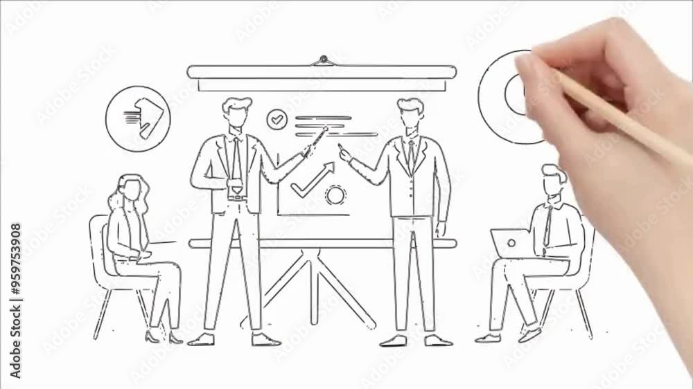 hand drawn animation on a whiteboard of four employees doing their business presentation using a projector screen hand drawn animation on a whiteboard of four employees doing their business presentation using a projector screen