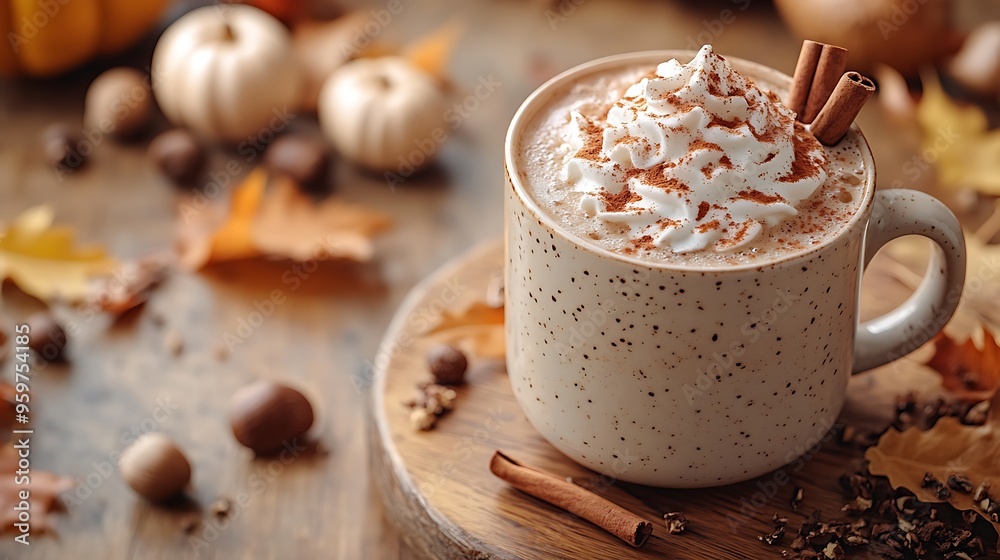 A close-up shot of a pumpkin spice latte in a ceramic mug with whipped cream and cinnamon stick, placed on a rustic wooden table with scattered autumn leaves and acorns, A close-up shot of a pumpkin spice latte in a ceramic mug with whipped cream and cinnamon stick, placed on a rustic wooden table with scattered autumn leaves and acorns,