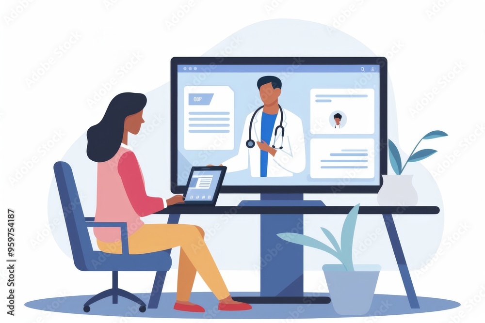A woman using a tablet for virtual healthcare consultation with a doctor on a large monitor. A woman using a tablet for virtual healthcare consultation with a doctor on a large monitor.