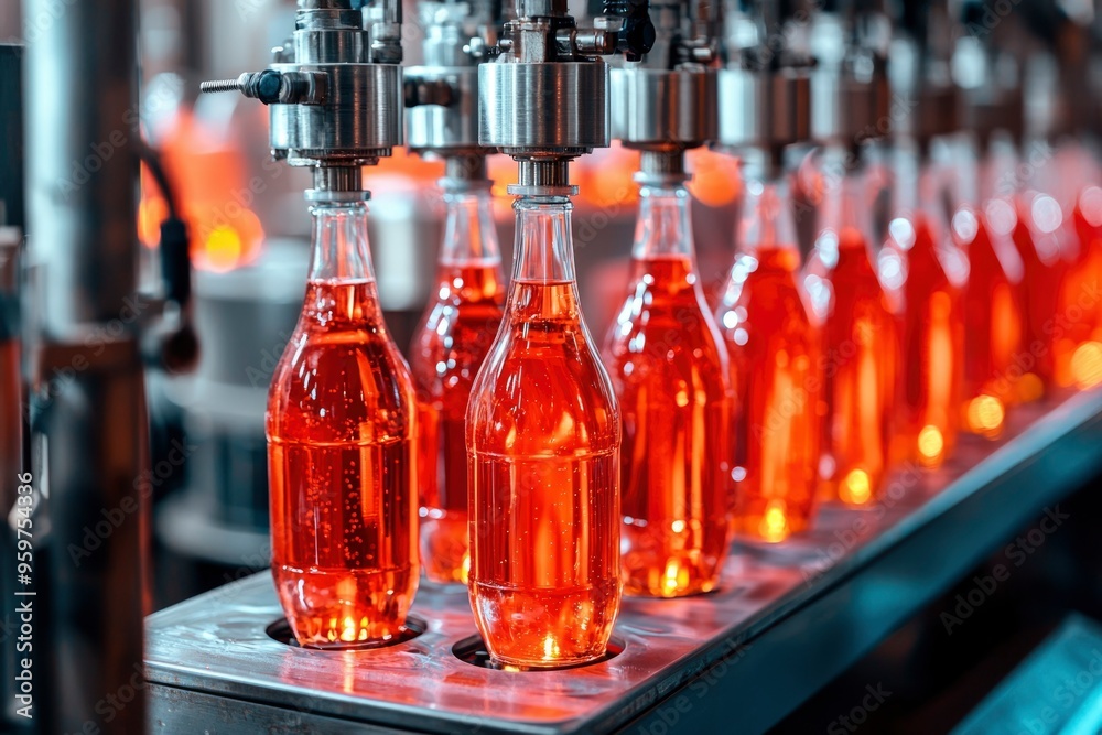 Bottling Line with Red Liquid in Glass Bottles Bottling Line with Red Liquid in Glass Bottles