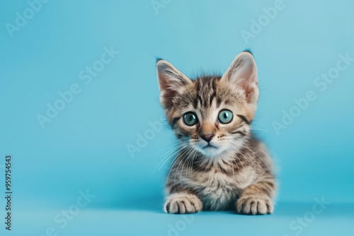 Cute tabby kitten with green eyes looking at camera on a blue background.