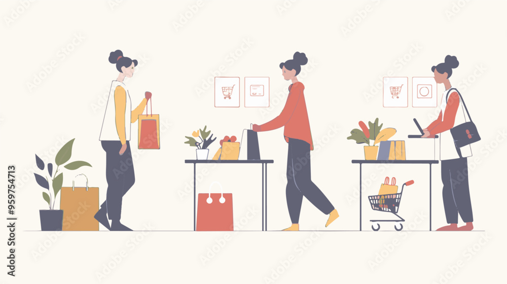 A woman chooses goods, pays online, and receives an order from a courier. Easy online shopping Vector flat illustrations A woman chooses goods, pays online, and receives an order from a courier. Easy online shopping Vector flat illustrations