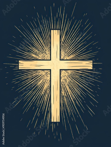 A simple wooden cross with a glowing golden halo on a dark blue background.