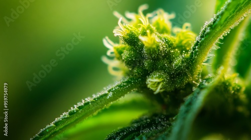 A close up of a green plant with water droplets on it