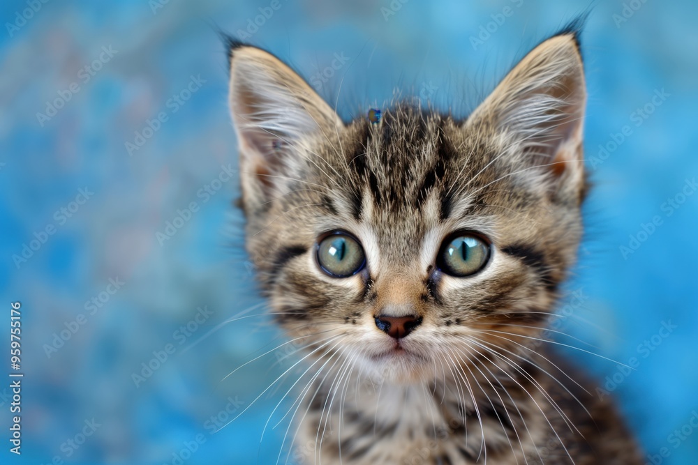 Cute tabby kitten with green eyes looking at camera on a blue background. Cute tabby kitten with green eyes looking at camera on a blue background.