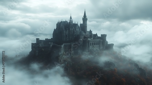 Enchanting castle on a hill, surrounded by lush forests and a serene lake, captured in a stunning digital art piece.