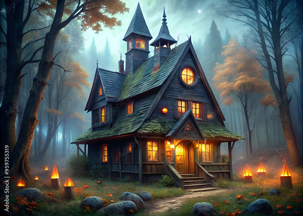 dark forest with a house, a house with a lantern, a lantern and a tree in the foreground, a mysterious, a fantasy landscape dark forest with a house, a house with a lantern, a lantern and a tree in the foreground, a mysterious, a fantasy landscape