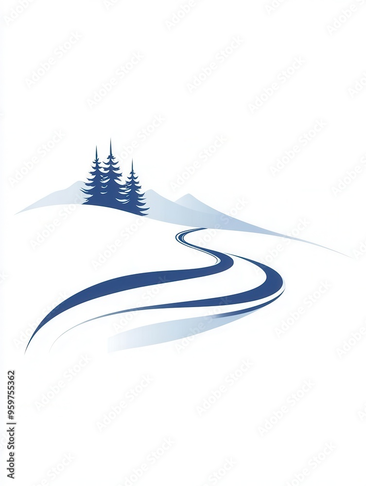 A sleek, abstract representation of a ski trail curves through clean snow, surrounded by serene winter mountains and trees. Generative AI